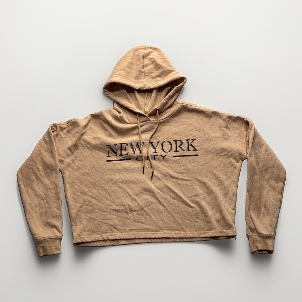 Vintage New York City XS Womens Cropped Hoodie LE Relaxed Fit Tan Pullover Y2K